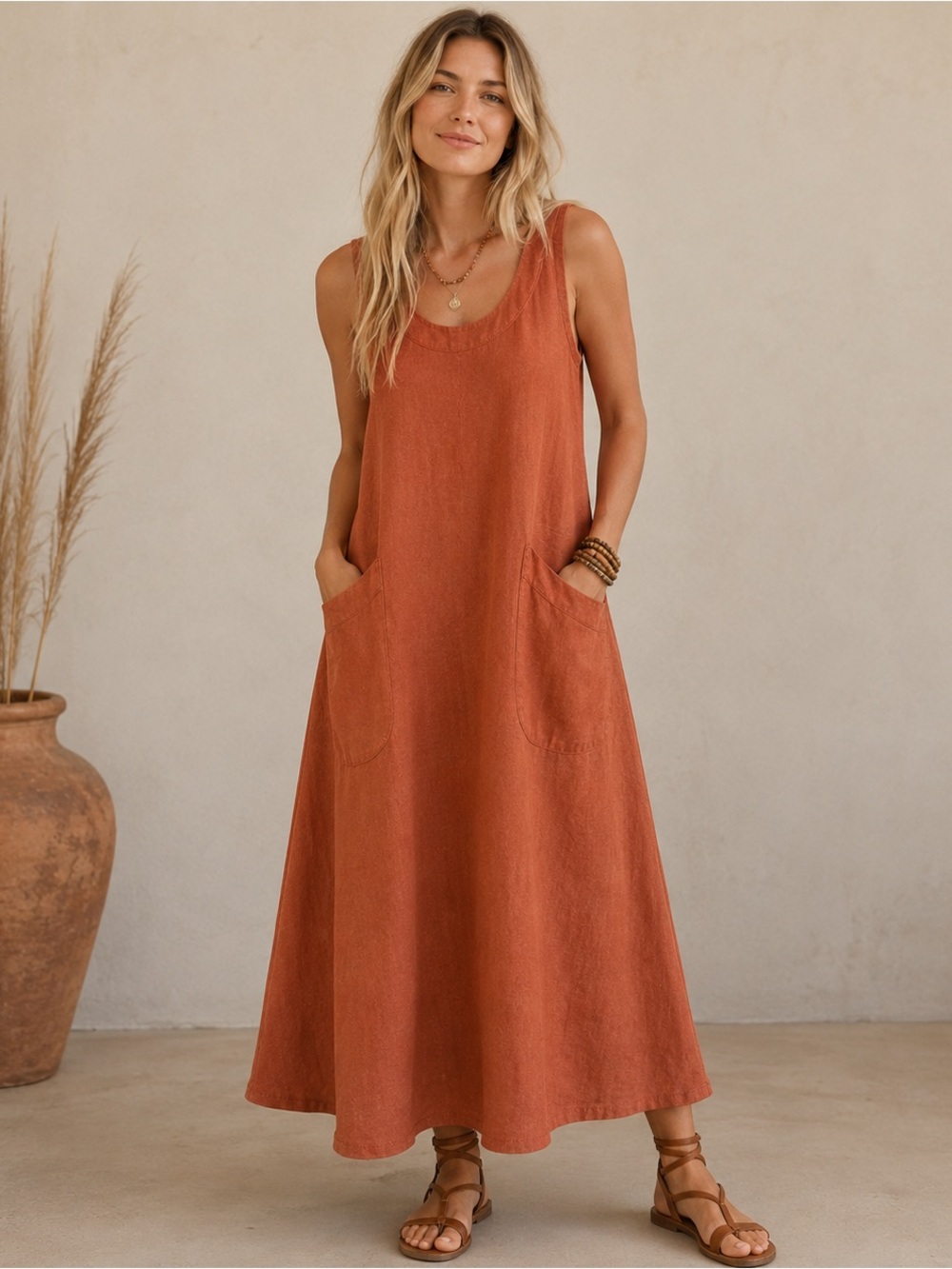 Made in Italy 100% Linen Maxi Tank Dress Rustic Terracotta Pockets Size Large